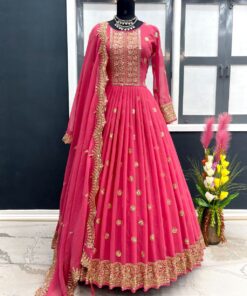 Alluring Gajri Pink Heavy Georgette Embroidery Work Gown With Dupatta