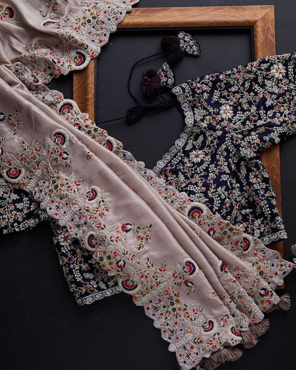 Exclusive Beige Dola Silk Fancy Embroidery Work Saree