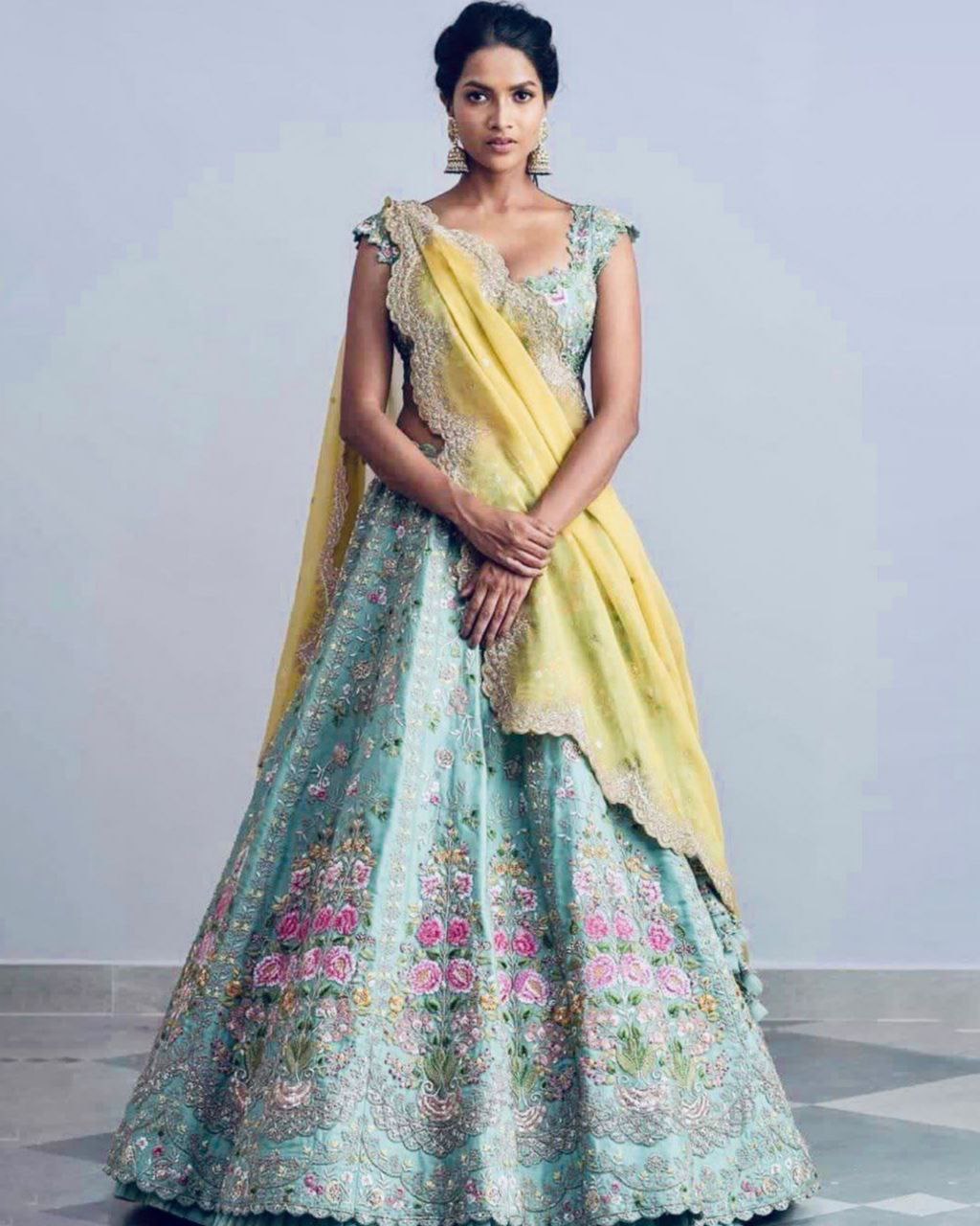 Designer Bright Yellow and Pink Lehenga - MiaIndia.com