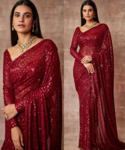 Classy Red Pure Georgette Heavy Sequence Work Saree With Blouse