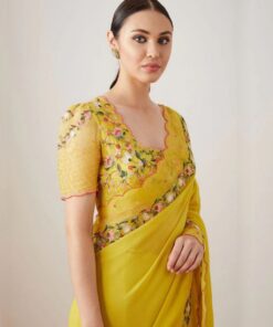 Exclusive Yellow Georgette Floral Embroidery Work Saree With Blouse