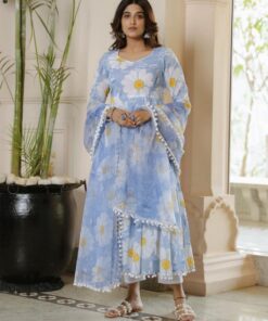 Casual Sky Blue Floral Anarkali Suit With Dupatta