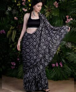 Black Satin Digital Print Saree With Blouse