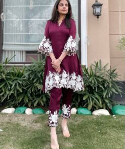 Classy Wine Cotton Silk Pant Suit Lace & Moti Work