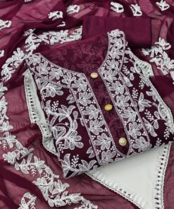 Casual Wine Georgette Embroidery Work Salwar Suit With Dupatta