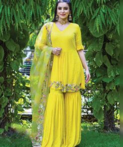 Yellow Georgette Embroidery & Moti Work Sharara Suit With Dupatta