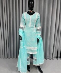 Casual Sea Green Pure Georgette Embroidery Work Pant Suit With Dupatta