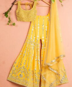 Exclusive Yellow Pure Georgette Foil Mirror Work Sharara Suit With Dupatta