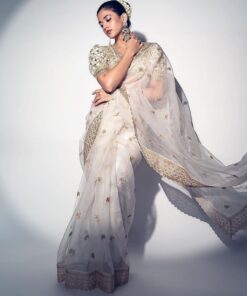 Soft White Organza Sequence Cording Work Saree With Blouse