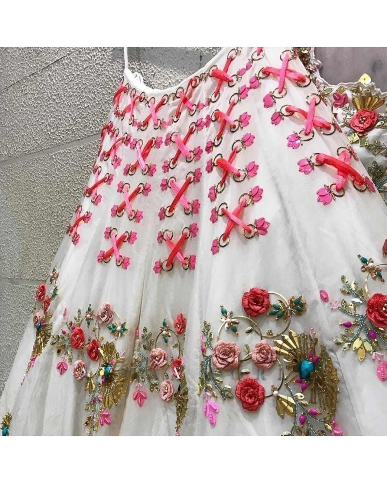 White Lehenga Choli With Multi Coloured Hand Embroidered Floral Buttis –  Akashi designer studio