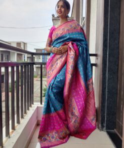 Exclusive Pure Tussar Banarasi Silk Saree In Blue And Rani Blouse