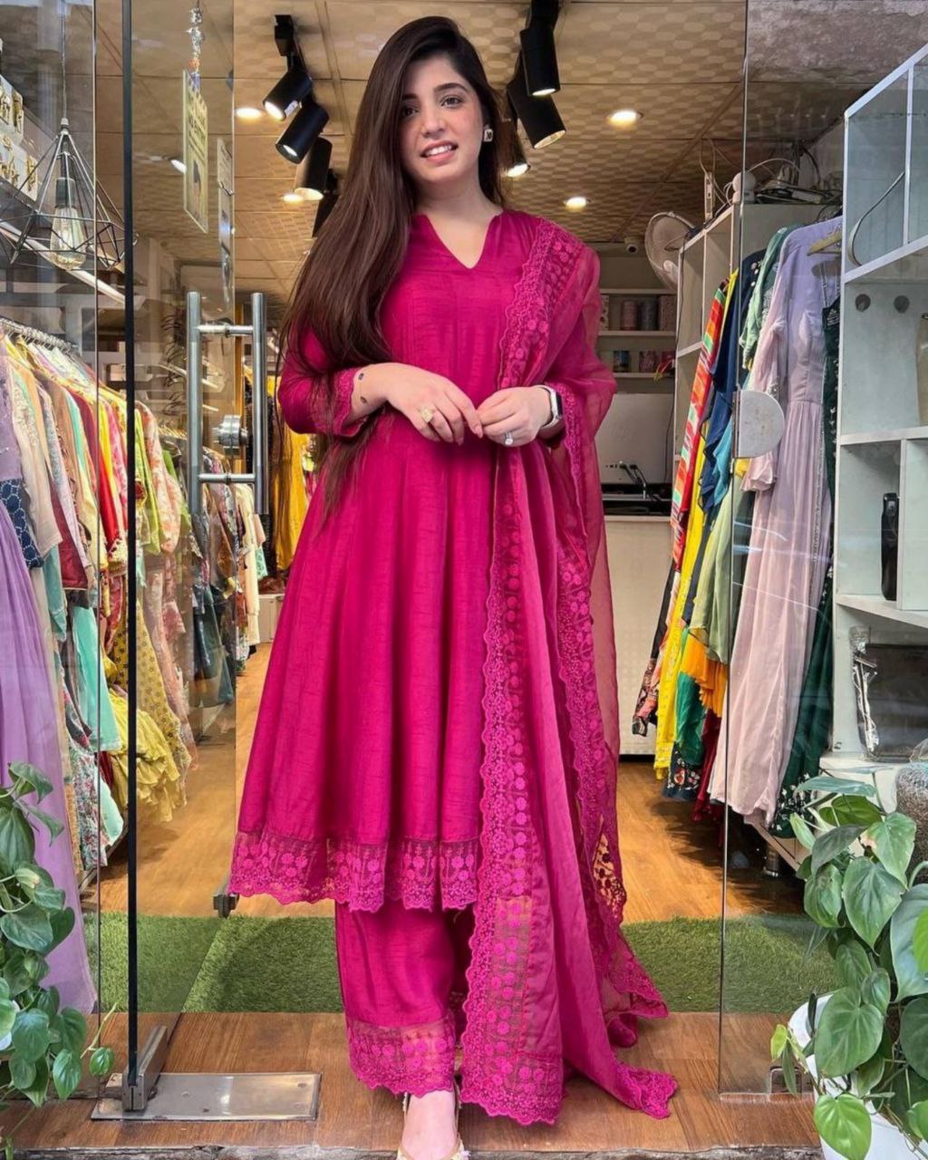 Classy Pink Cotton Lace Work Pant Suit With Organza Dupatta