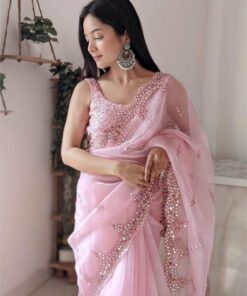 Party Wear Pink Real Mirror Work Organza Saree With Matching Blouse