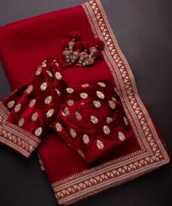 Maroon Red Organza Silk Embroidery Work Saree With Velvet Blouse