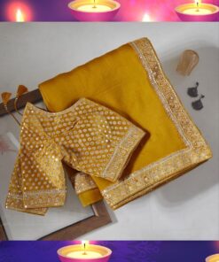 Yellow Organza Silk Embroidery Work Saree With Blouse