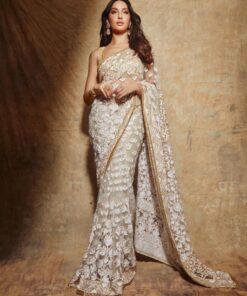 Fabulous Cream Nylon Mono Net Embroidery Work Saree With Blouse