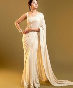 Exclusive Cream Nylon Mono Net Embroidery Work Saree With Blouse