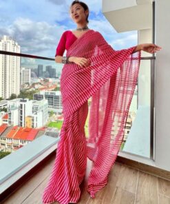 Exclusive Pink Border Print Organza Saree With Blouse