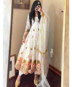 Alluring White Pure Georgette Multi Embroidery Work Anarkali Suit With Dupatta