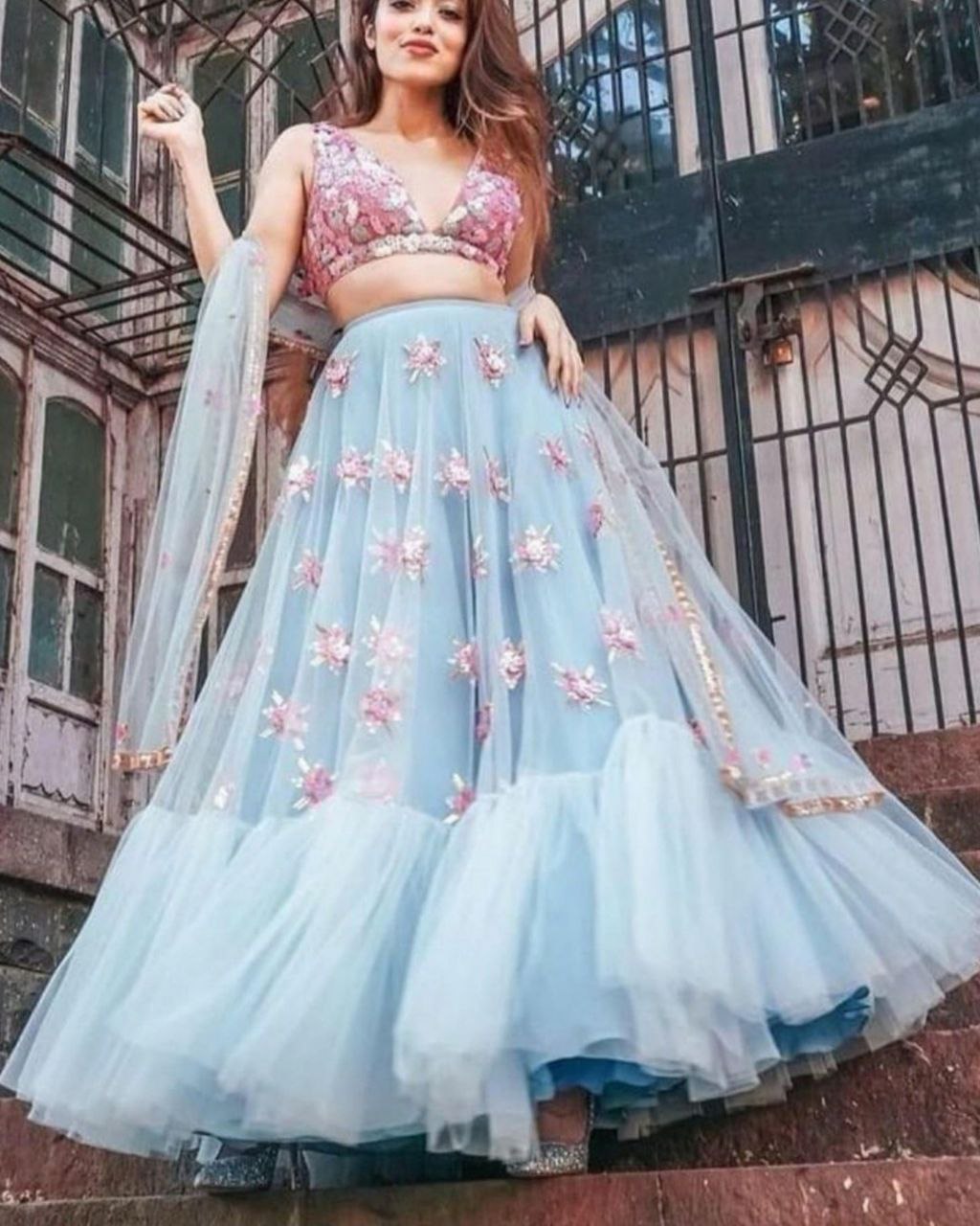 Candy pink lehenga in foil print with mint blue blouse only on Kalki