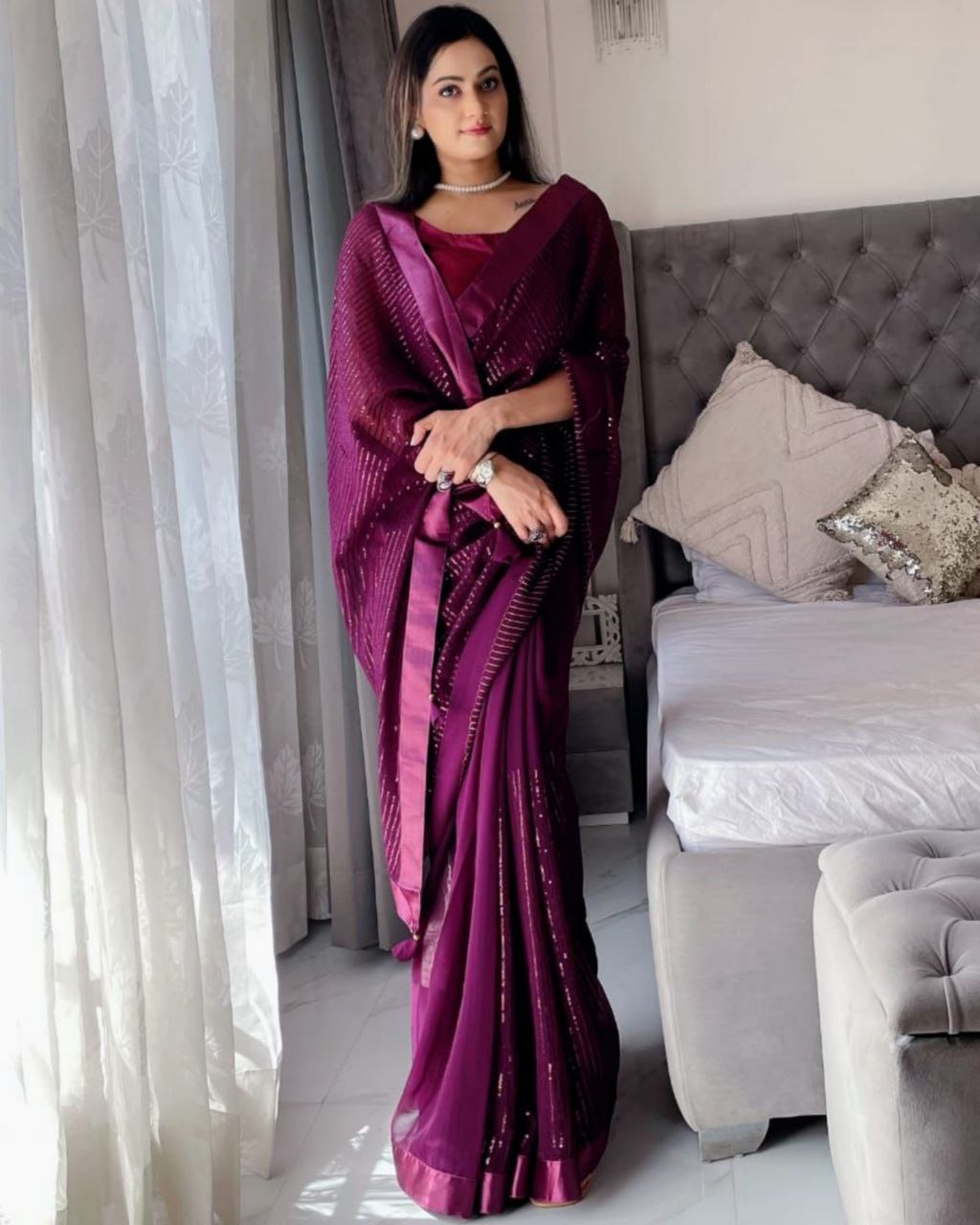 Buy Grape Purple Sequins Saree With An Embellished Border
