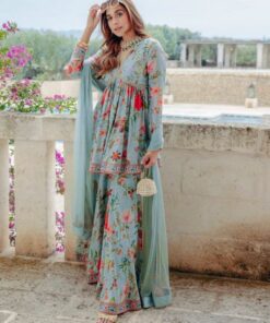 Casual Sea Green Crape Silk Printed Sharara Suit With Dupatta