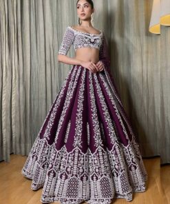 Demanding Wine Party Wear Lucknowi Work Lehenga Choli With Net Dupatta