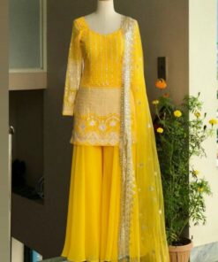 Haldi Special Yellow Pure Georgette Embroidery Work Sharara Suit With Dupatta