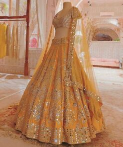 Party Wear Divine Yellow Tapeta Silk Mirror Embroidery Work Lehenga Choli With Dupatta