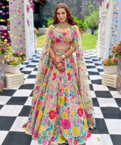 Beautiful Cream Taffeta Silk Multi Coloured Thread Work Lehenga Choli With Net Dupatta And Cancan