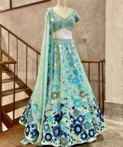 Gorgeous Sky Blue Mono Net Flower Embroidery Work Lehenga Choli with Dupatta