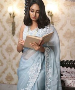 Sky Blue Organza Silk Sequence Embroidery Work Saree With Blouse