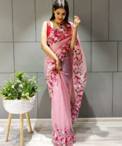 Pink Organza Silk Multi Embroidery Thread Work Saree With Blouse