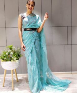 Sky Blue Chiffon Sequence Work Ready To Wear Saree With Belt