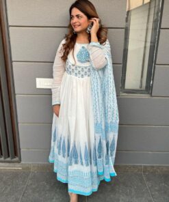 Stylish White & Blue Georegtte Printed Partywear Anarkali Suit With Dupatta