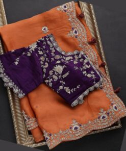 Orange Organza Silk Thread Embroidery Work Saree With Blouse