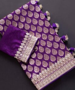 Purple Soft Vichitra Silk Embroidery Gotta Patti Butti With Lace Border Saree With Blouse