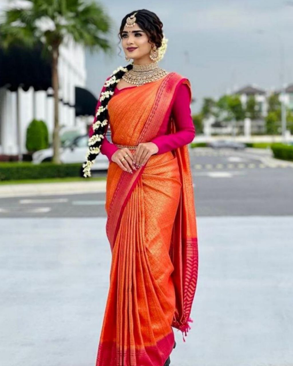 Orange Vichitra Silk Gota Embroidered Lace Work Saree & Blouse