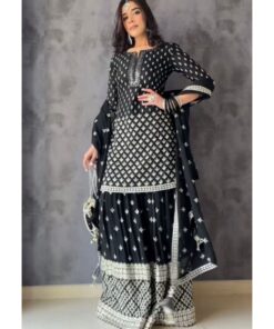 Exclusive Black Georgette Embroidery Work Sharara Suit With Dupatta