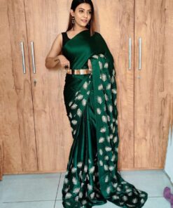 Dark Green Satin Silk Foil Print Work Ready To Wear Saree With Blouse