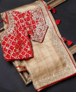 Cream Organza Chex Gota Sequence Zari Work Saree With Blouse