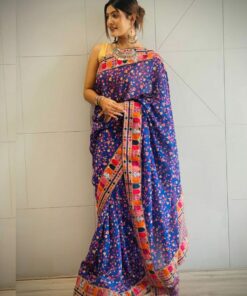 Blue Vichitra Silk Digital Print Saree With Blouse