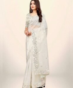 White Organza Silk Embroidery Work Saree With Blouse