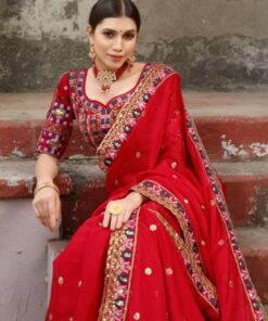 Red Rangoli Silk Embroidery Thread Work Saree With Blouse