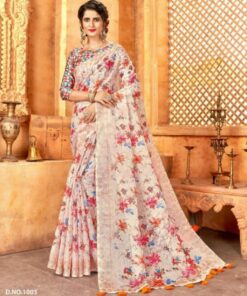 Cream Art Silk Digital Print Saree With Blouse