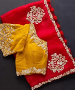 Red Organza Silk Cording Sequence Embroidery Work Saree With Blouse