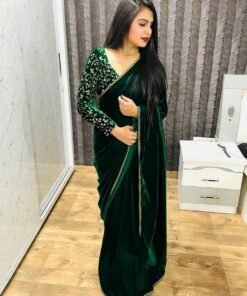 Bottle Green Velvet Embroidery Work Saree With Blouse