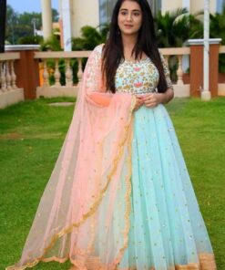 Traditional Sky Georgette Embroidery Work Anarkali Gown With Dupatta