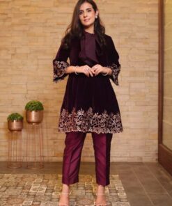 Alluring Maroon Micro Velvet Embroidery Work Pakistani Suit With Dupatta