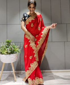 Red Rangoli Silk Embroidery WorK Saree With Blouse